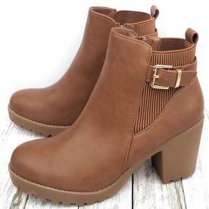 New Women Tan Chelsea Buckle Lug Combat Ankle Boots Booties